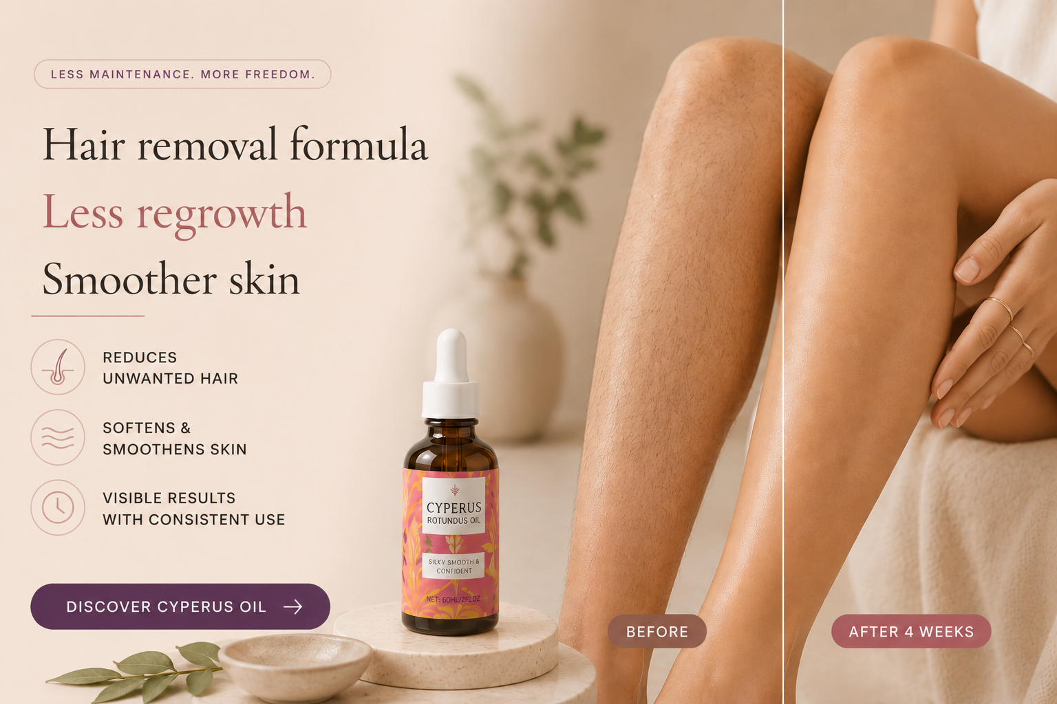 Cyperus Rotundus Oil by Field & North — reduces unwanted hair for softer, smoother skin, shown with a before and after four weeks leg comparison