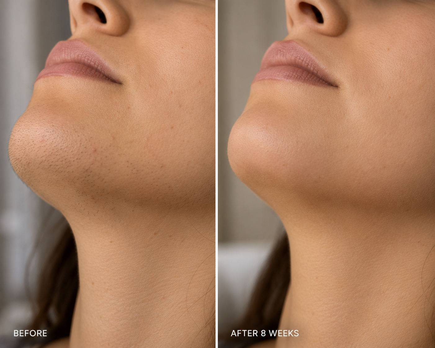 Chin and jaw before use and after 8 weeks, showing smoother skin with less visible regrowth